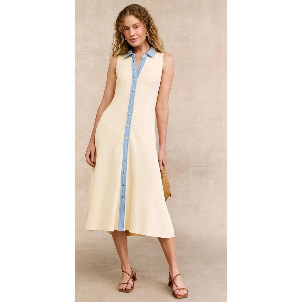 Calvin Klein Jeans Womens Ribbed Knit Button Front Midi Dress Cream Blue Small - Picture 2 of 8